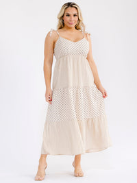 PLUS SIZE SLEEVELESS V-NECK SMOCK TIERED POLKA DOTS & STRIPES MAXI DRESS