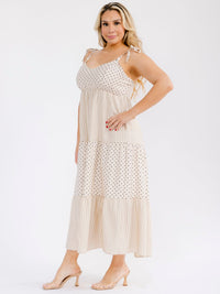 PLUS SIZE SLEEVELESS V-NECK SMOCK TIERED POLKA DOTS & STRIPES MAXI DRESS
