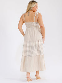 PLUS SIZE SLEEVELESS V-NECK SMOCK TIERED POLKA DOTS & STRIPES MAXI DRESS