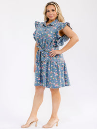 PLUS SIZE RUFFLE SLEEVE BUTTON UP SELFT TIE FLORAL DENIM MINI DRESS