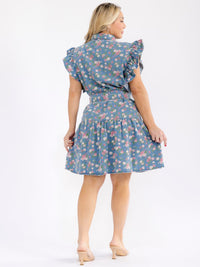PLUS SIZE RUFFLE SLEEVE BUTTON UP SELFT TIE FLORAL DENIM MINI DRESS