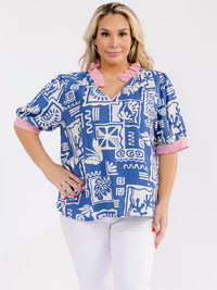 PLUS SIZE SHORT SLEEVE V-NECK MULTI PRINT BLOUSE