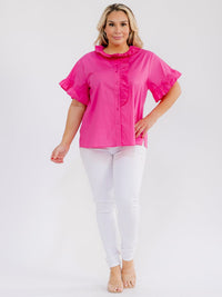PLUS SIZE SHORT RUFFLE SLEEVE BUTTON CLOSURE BLOUSE