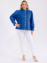 PLUS SIZE LONG SLEEVE BUTTON CLOSURE TRIM DETAILED DENIM BLOUSE