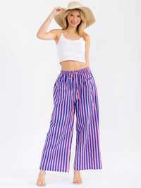 WOMEN'S ELASTIC WAIST FRONT POCKETS WIDE LEG STRIPES COLORBLOCK PANTS