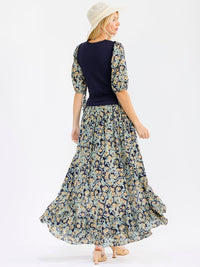 WOMEN'S 3/4 SLEEVES FRONT SLIT FLORAL PRINT CONTRAST MAXI DRESS