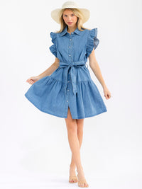 WOMEN'S RUFFLE SLEEVES BUTTON UP SELF TIE DENIM MINI DRESS