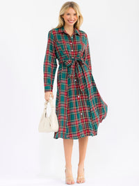 WOMEN'S LONG SLEEVE BUTTON UP FRONT POCKETS SELF TIE MIDI DRESS