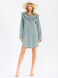 WOMEN'S LONG SLEEVE FRONT POCKETS RUFFLE WASHED DENIM MINI DRESS