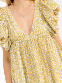 WOMEN'S SHORT PUFF SLEEVE V-NECK LOOSE FIT FLORAL MINI DRESS