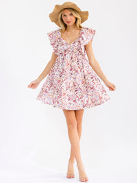 WOMEN'S RUFFLE SLEEVE V-NECK SMOCK FRONT POCKETS FLORAL MINI DRESS
