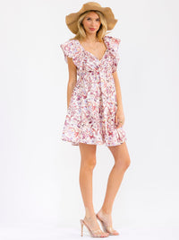 WOMEN'S RUFFLE SLEEVE V-NECK SMOCK FRONT POCKETS FLORAL MINI DRESS