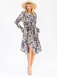 WOMEN'S LONG SLEEVES BUTTON UP FRONT POCKETS ANIMAL PRINT MAXI DRESS