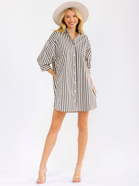 WOMEN'S 3/4 SLEEVE BUTTON UP FRONT POCKETS LOOSE FIT COLORBLOCK STRIPES MINI SHIRT DRESS