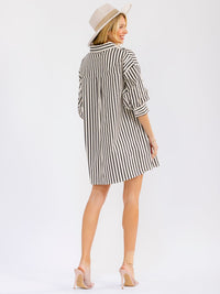 WOMEN'S 3/4 SLEEVE BUTTON UP FRONT POCKETS LOOSE FIT COLORBLOCK STRIPES MINI SHIRT DRESS
