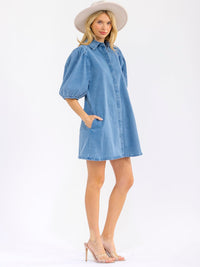 WOMEN'S SHORT PUFF SLEEVES BUTTON UP FRONT POCKETS DENIM MINI DRESS