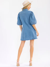 WOMEN'S SHORT PUFF SLEEVES BUTTON UP FRONT POCKETS DENIM MINI DRESS