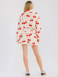 WOMEN'S LONG SLEEVE ZIP UP PULLOVER SWEATER & ELASTIC WAIST MINI SHORTS SHERPA CHERRY PRINT 2PC. SET