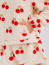 WOMEN'S LONG SLEEVE ZIP UP PULLOVER SWEATER & ELASTIC WAIST MINI SHORTS SHERPA CHERRY PRINT 2PC. SET