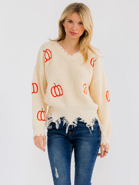 WOMEN'S LONG SLEEVE V-NECK RAW EDGE PUMPKIN PRINT PULLOVER SWEATER