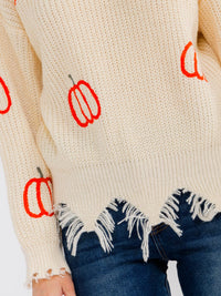 WOMEN'S LONG SLEEVE V-NECK RAW EDGE PUMPKIN PRINT PULLOVER SWEATER