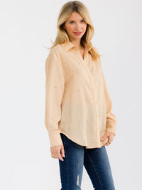 WOMEN'S LONG SLEEVE BUTTON UP PEARL DETAILED BLOUSE