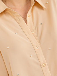 WOMEN'S LONG SLEEVE BUTTON UP PEARL DETAILED BLOUSE