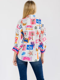 WOMEN'S 3/4 SLEEVE BUTTON UP MULTI PRINT BLOUSE