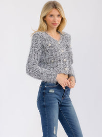 WOMEN'S LONG SLEEVE BUTTON CLOSURE SHIMMER DETAILED SWEATER