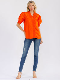 WOMEN'S SHORT PUFF SLEEVE V-NECK RUFFLE BLOUSE