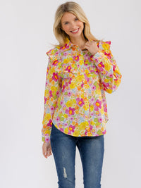WOMEN'S LONG SLEEVE BUTTON UP RUFFLE FLORAL PRINT BLOUSE