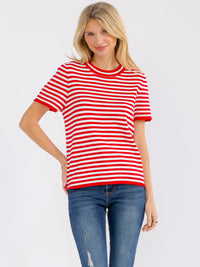 WOMEN'S SHORT SLEEVE COLORBLOCK STRIPES BLOUSE