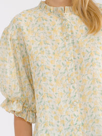 WOMEN'S SHORT PUFF SLEEVE BUTTON UP FLORAL STITCHED BLOUSE