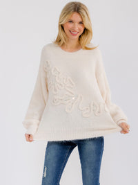 WOMEN'S LONG SLEEVE RHINESTONES DETAILED PULLOVER SWEATER