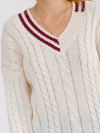 WOMEN'S LONG SLEEVE V-NECK CABLE KNITTED PULLOVER SWEATER