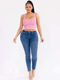 WOMEN'S SLEEVELESS SQUARE NECK PEARL DETAILED CROP TANK TOP