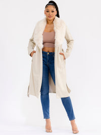 WOMEN'S LONG SLEEVE OPEN FRONT SELF TIE FRONT POCKETS REMOVABLE FAUX-FUR COLLAR PU PLEATHER COAT
