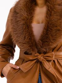 WOMEN'S LONG SLEEVE OPEN FRONT SELF TIE FRONT POCKETS REMOVABLE FAUX-FUR COLLAR PU PLEATHER COAT