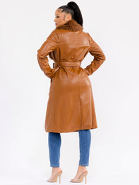 WOMEN'S LONG SLEEVE OPEN FRONT SELF TIE FRONT POCKETS REMOVABLE FAUX-FUR COLLAR PU PLEATHER COAT