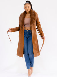 WOMEN'S LONG SLEEVE OPEN FRONT SELF TIE FRONT POCKETS REMOVABLE FAUX-FUR COLLAR PU PLEATHER COAT