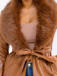 WOMEN'S LONG SLEEVE OPEN FRONT SELF TIE FRONT POCKETS REMOVABLE FAUX-FUR COLLAR PU PLEATHER COAT