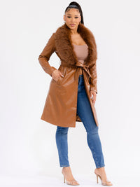 WOMEN'S LONG SLEEVE OPEN FRONT SELF TIE FRONT POCKETS REMOVABLE FAUX-FUR COLLAR PU PLEATHER COAT
