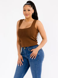 WOMEN'S SLEEVELESS SQUARE NECK RHINESTONES DETAILED TANK TOP