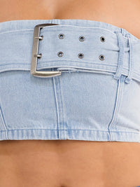 WOMEN'S SLEEVELESS BELTED DENIM CROP TUBE TOP