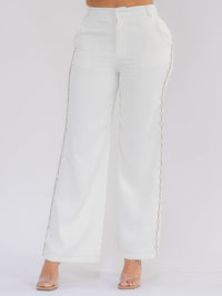 WOMEN'S BUTTON CLOSURE SIDE PEARL DETAILED WIDE LEG PANTS