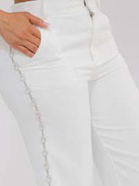 WOMEN'S BUTTON CLOSURE SIDE PEARL DETAILED WIDE LEG PANTS