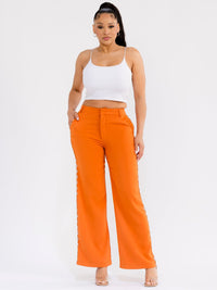 WOMEN'S BUTTON CLOSURE SIDE PEARL DETAILED WIDE LEG PANTS