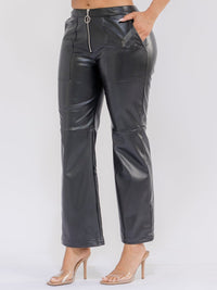 WOMEN'S BUTTON CLOSURE FRONT POCKETS WIDE LEG PU PLEATHER PANTS