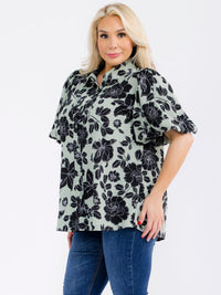 PLUS SIZE SHORT PUFF SLEEVE BUTTON UP FLORAL BLOUSE