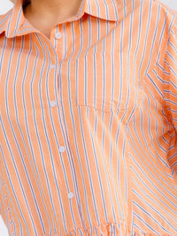 PLUS SIZE 3/4 SLEEVE BUTTON UP COLLAR RUFFLE BOTTOM HEM COLORBLOCK STRIPES BLOUSE